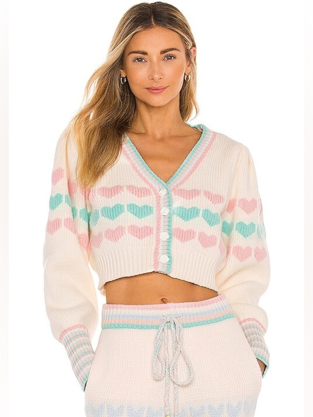 Cropped 2 Pieces Cream Knit Cardigan with Pastel Heart Pattern
